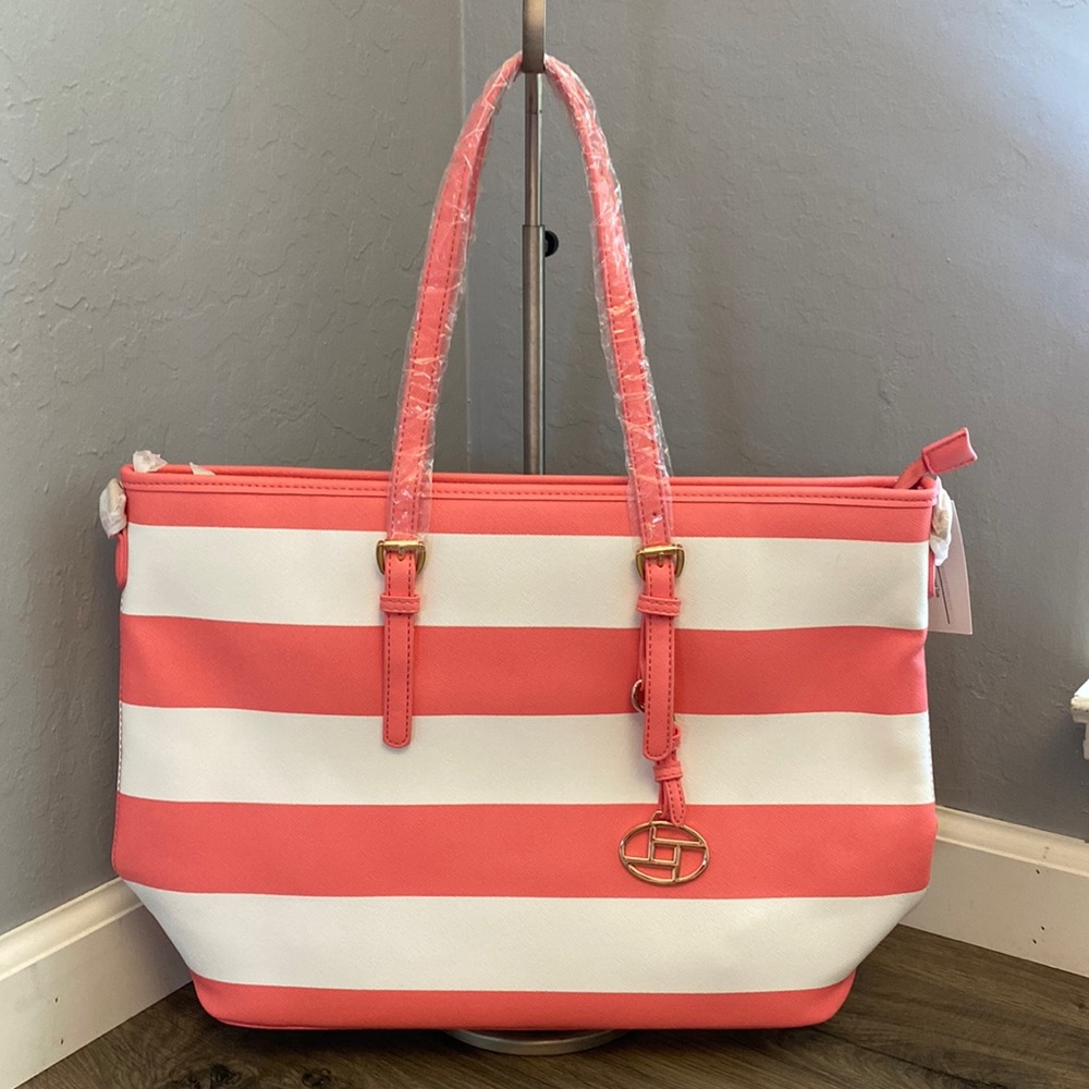 Pink and White striped pleather tote